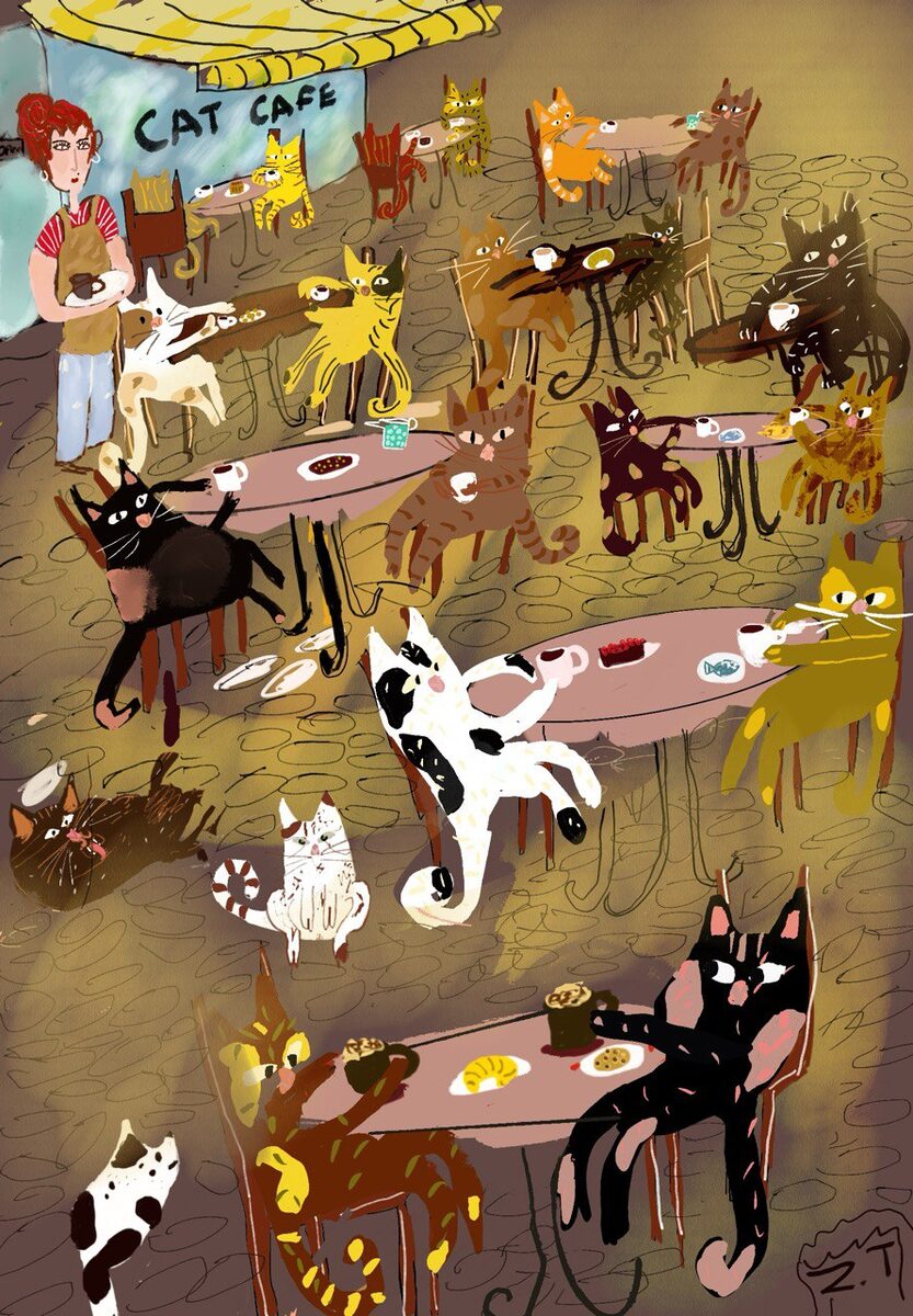 A cosy cat cafe scene full of charm and feline energy — City Series by CarmelaCat Studio