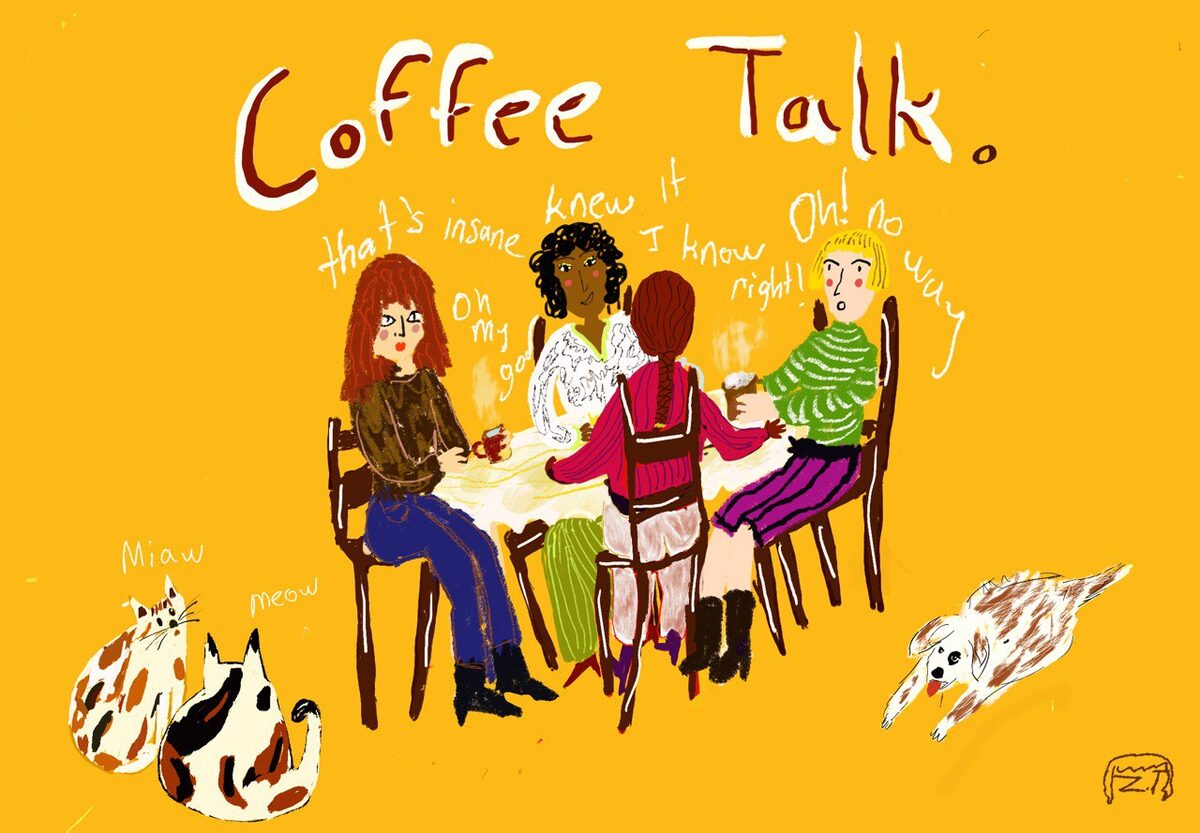 Two figures deep in conversation over coffee — Gathering Series by CarmelaCat Studio